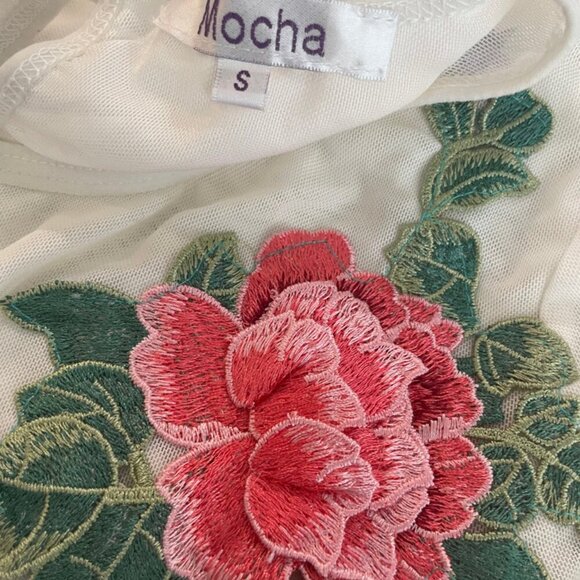 SHEER BODYSUIT EMBROIDERED FLORAL SZ S 3/4 SLEEVE PREPPY SEXY CHIC AESTHETIC - Picture 6 of 16